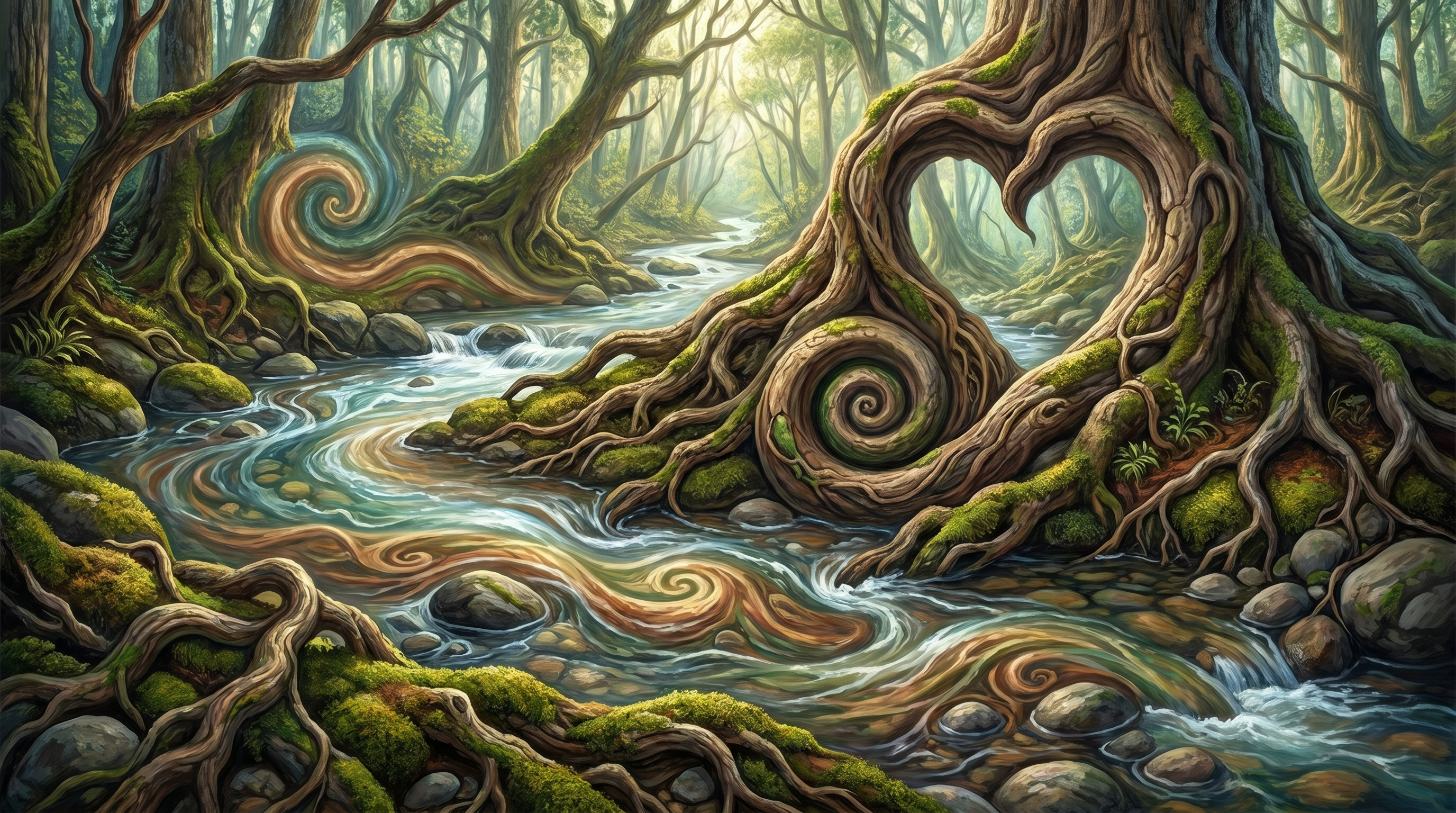 Verwurzelter Wald mit fließendem Wasser als Bild für Flowing, Erde und weiche Bewegung.