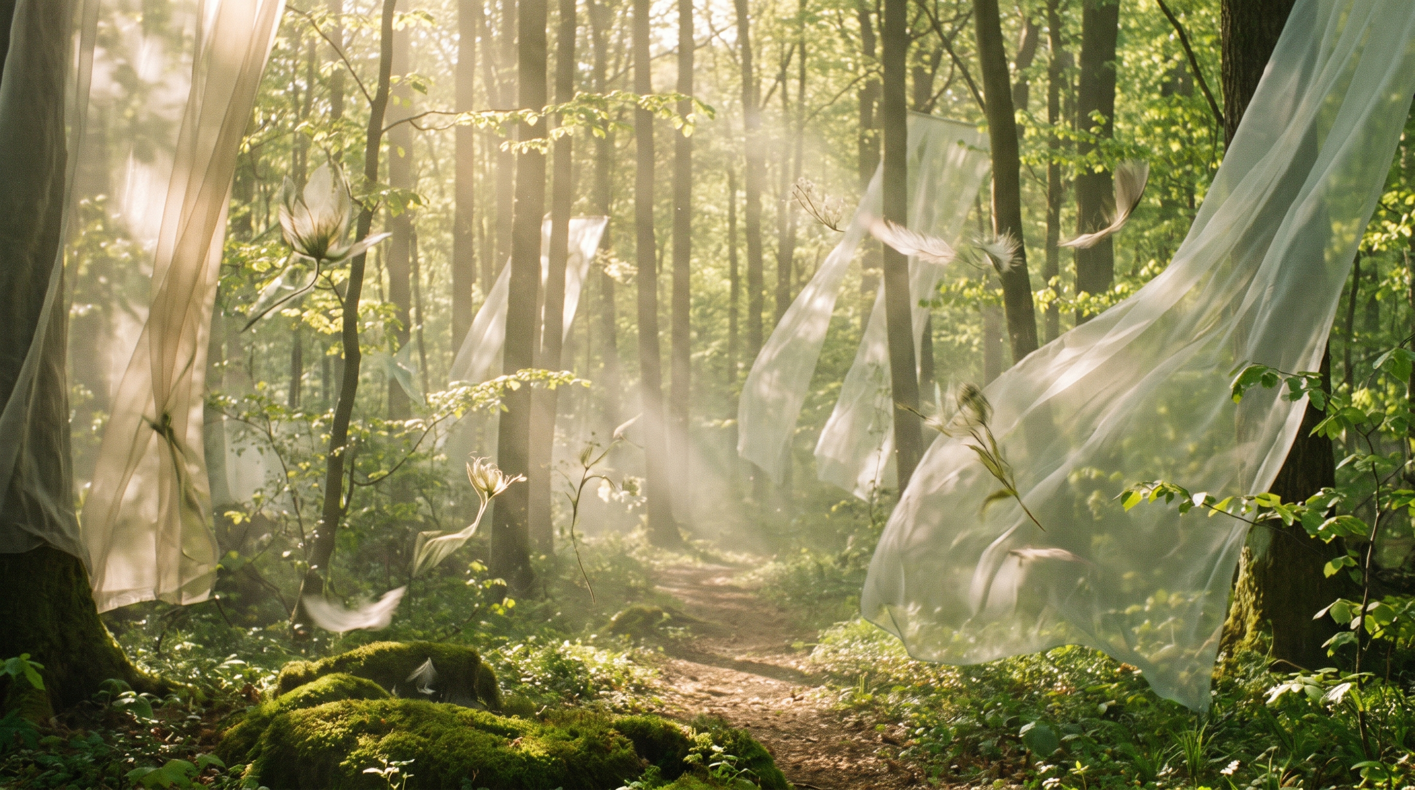 Lichtdurchfluteter Wald mit schwebenden Stoffen als Bild für Lyrical, Luft und Leichtigkeit.